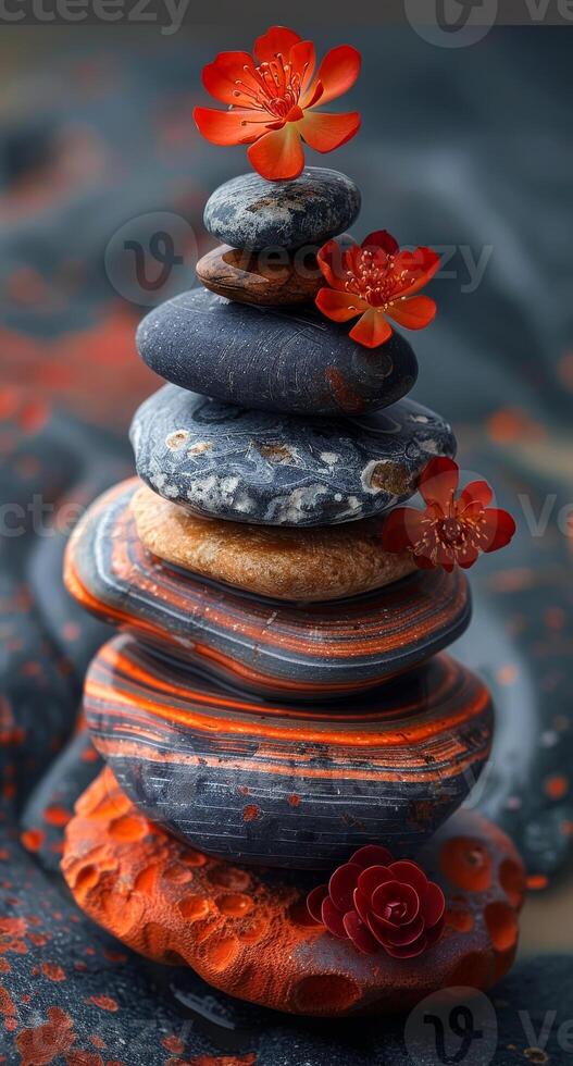 Stacked stones adorned with flowers on a textured surface. photo