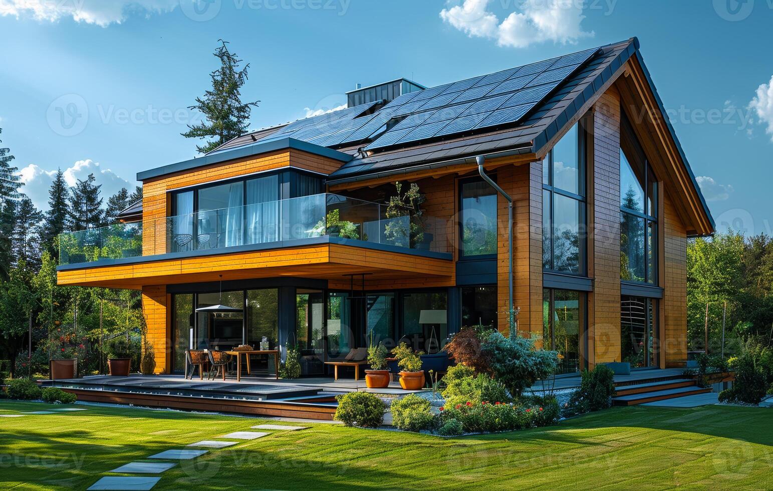 Modern eco-friendly house with solar panels in a sunny garden. A contemporary wooden house features large windows and solar panels photo
