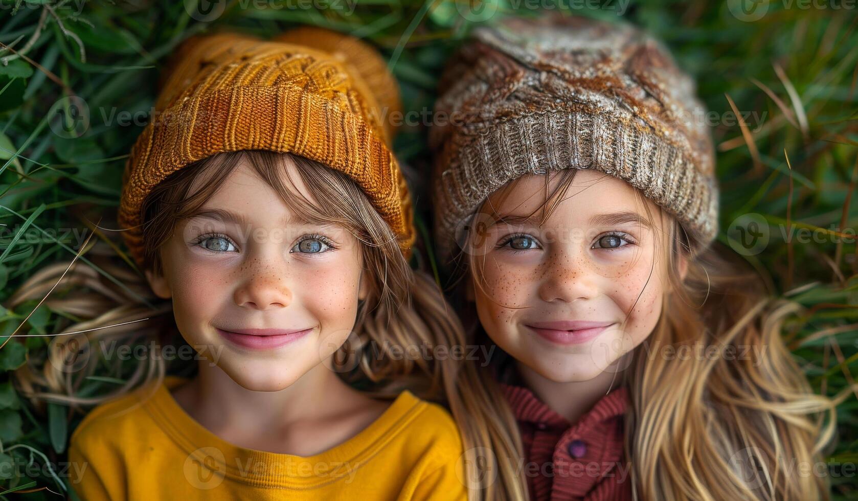 Two children in knitted hats lying on grass in autumn sunlight. photo