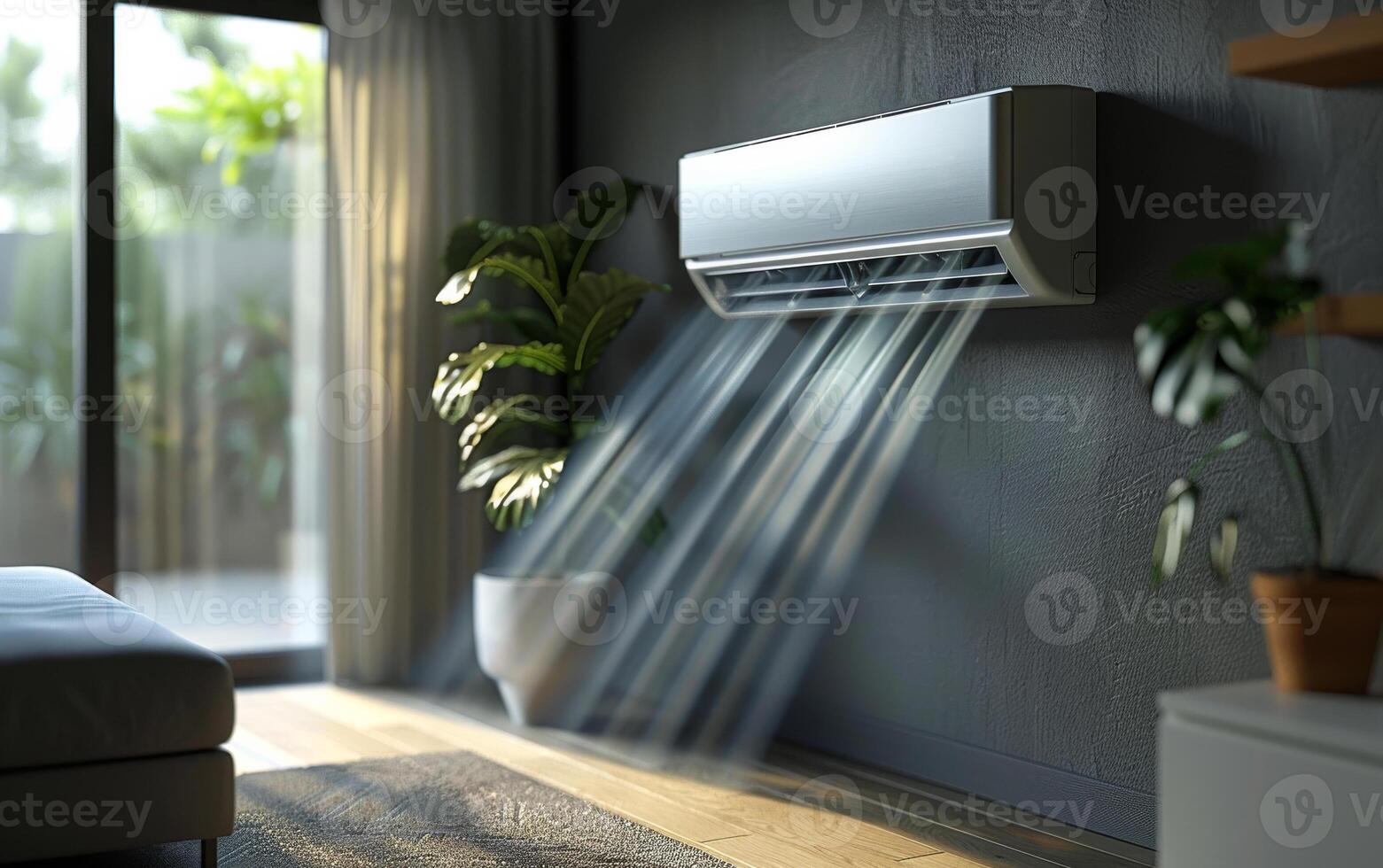 Air conditioning unit cooling a modern living room in daylight. photo