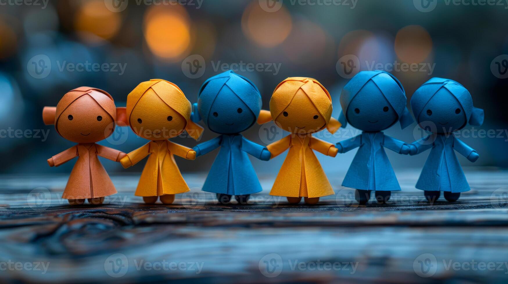 Colorful paper dolls holding hands in a warm, illuminated setting. photo