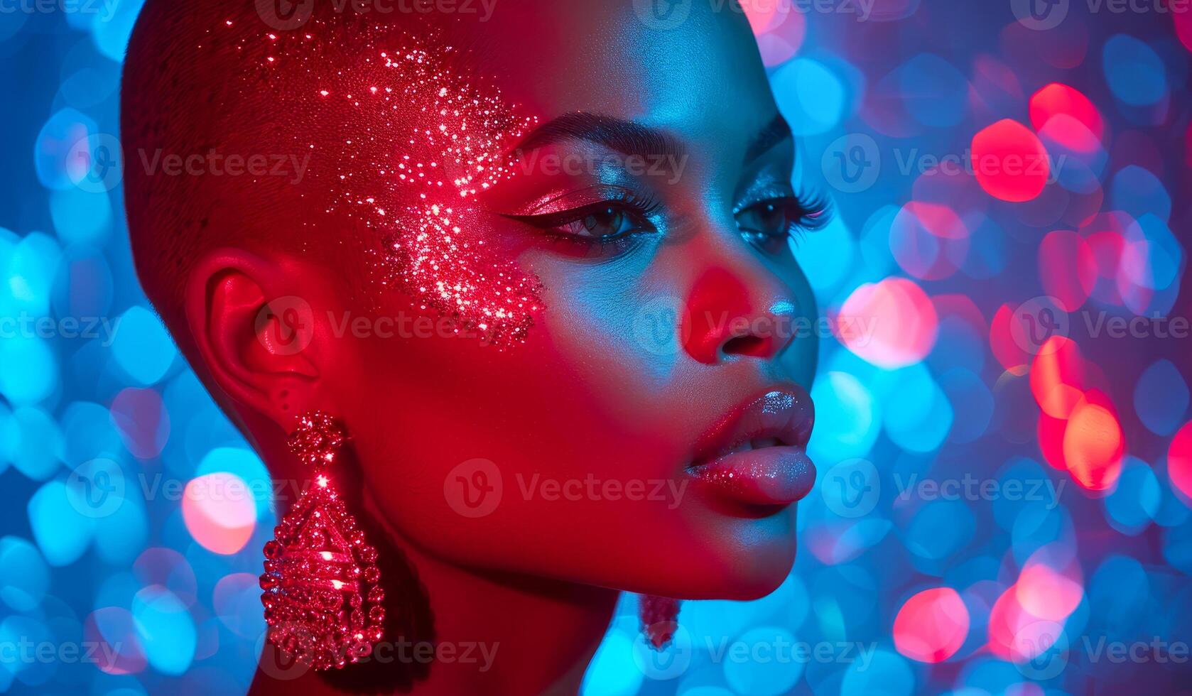 Close-up of a model with glitter makeup against colorful lights. A model showcases bold glitter makeup and statement earrings photo