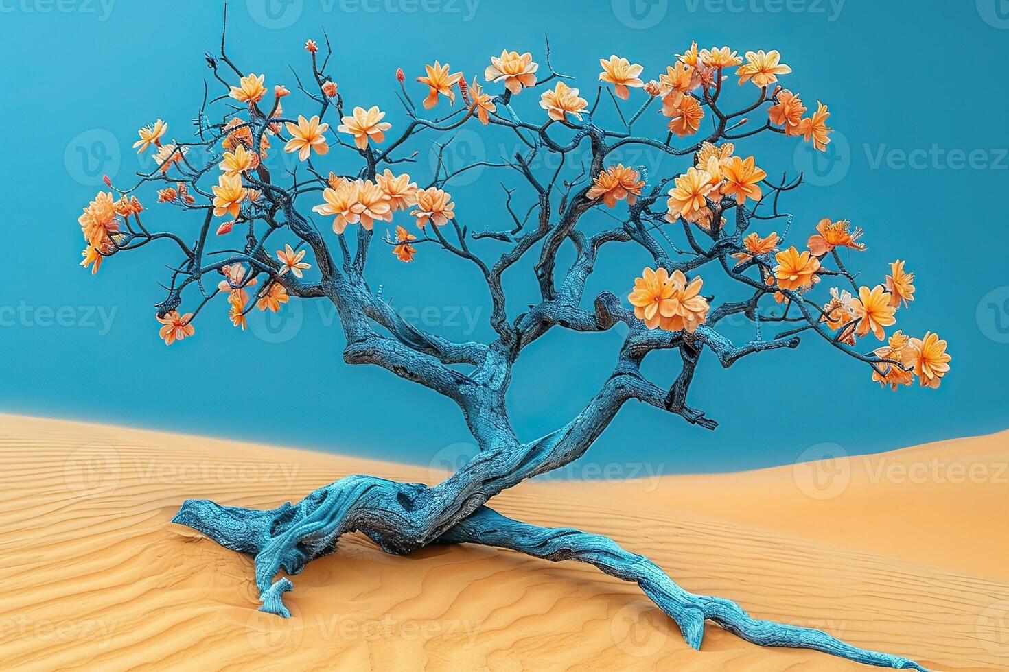 In the center of a vast and arid desert, a tree boasts orange flowers photo
