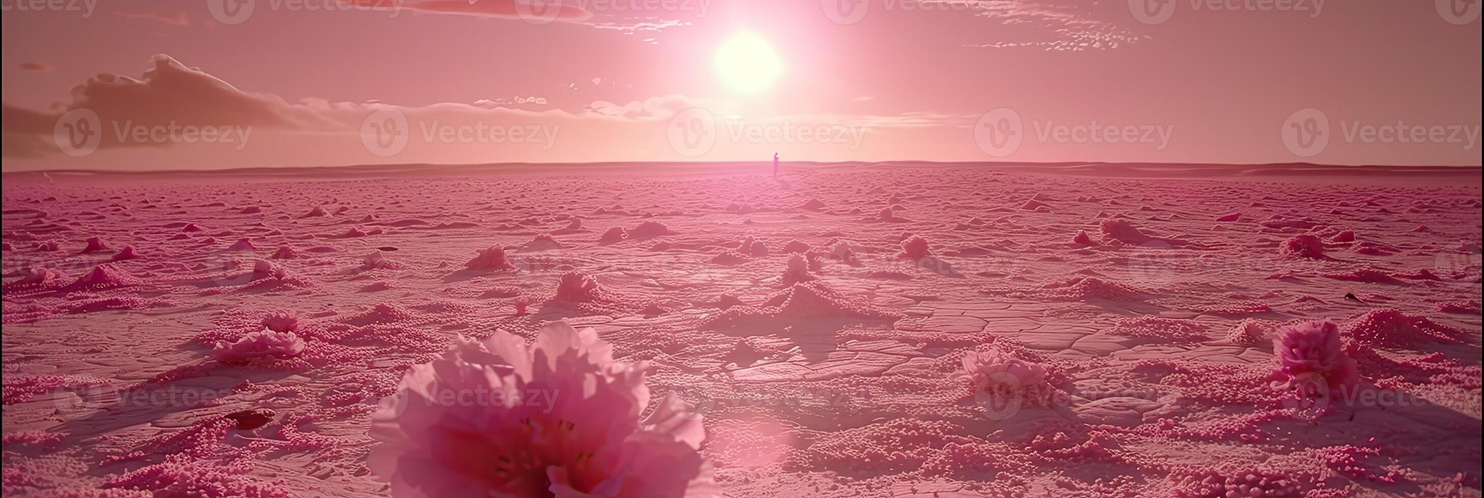 A beautiful pink flower is located in the middle of a pink field during sunset photo