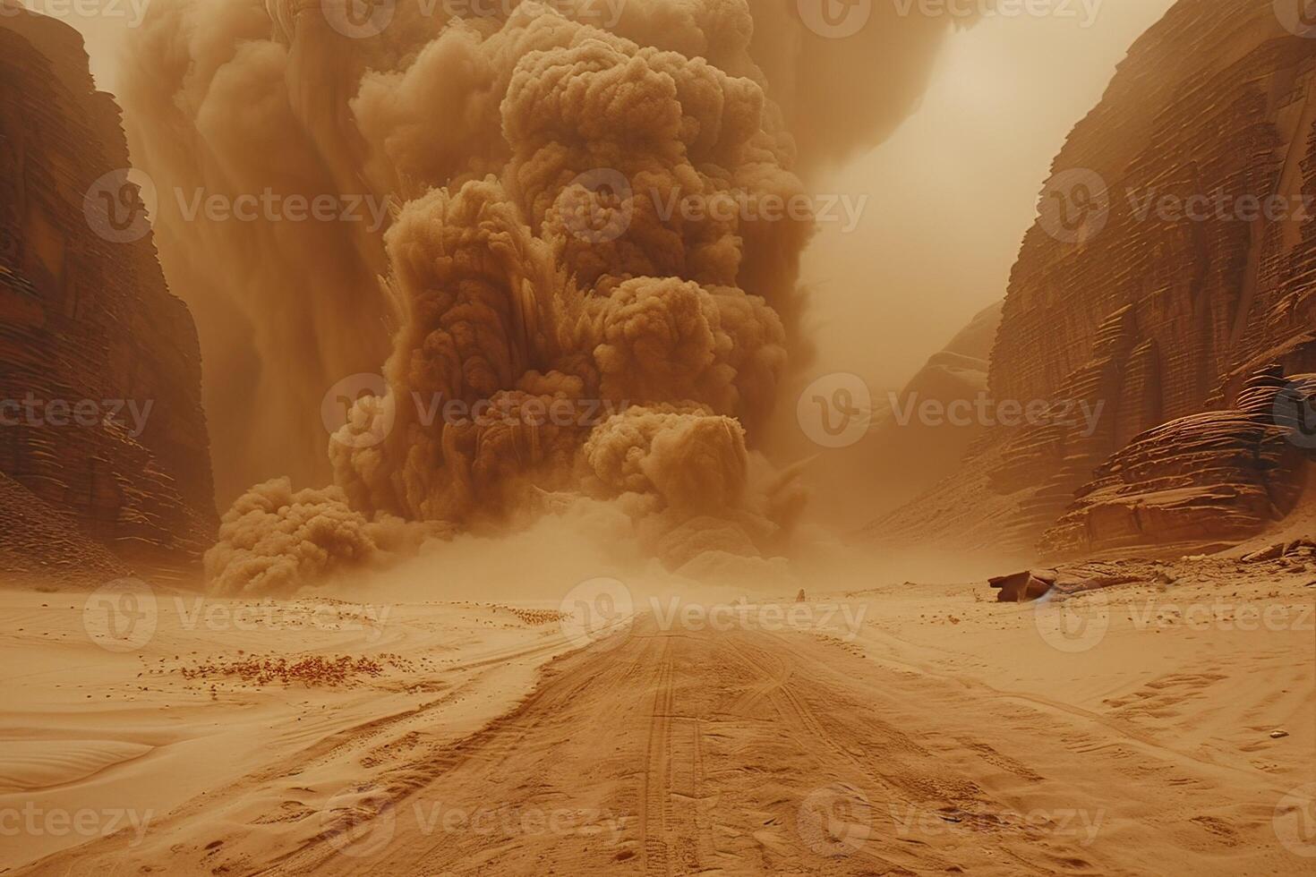A substantial cloud of dust is rising up and emerging from the ground photo