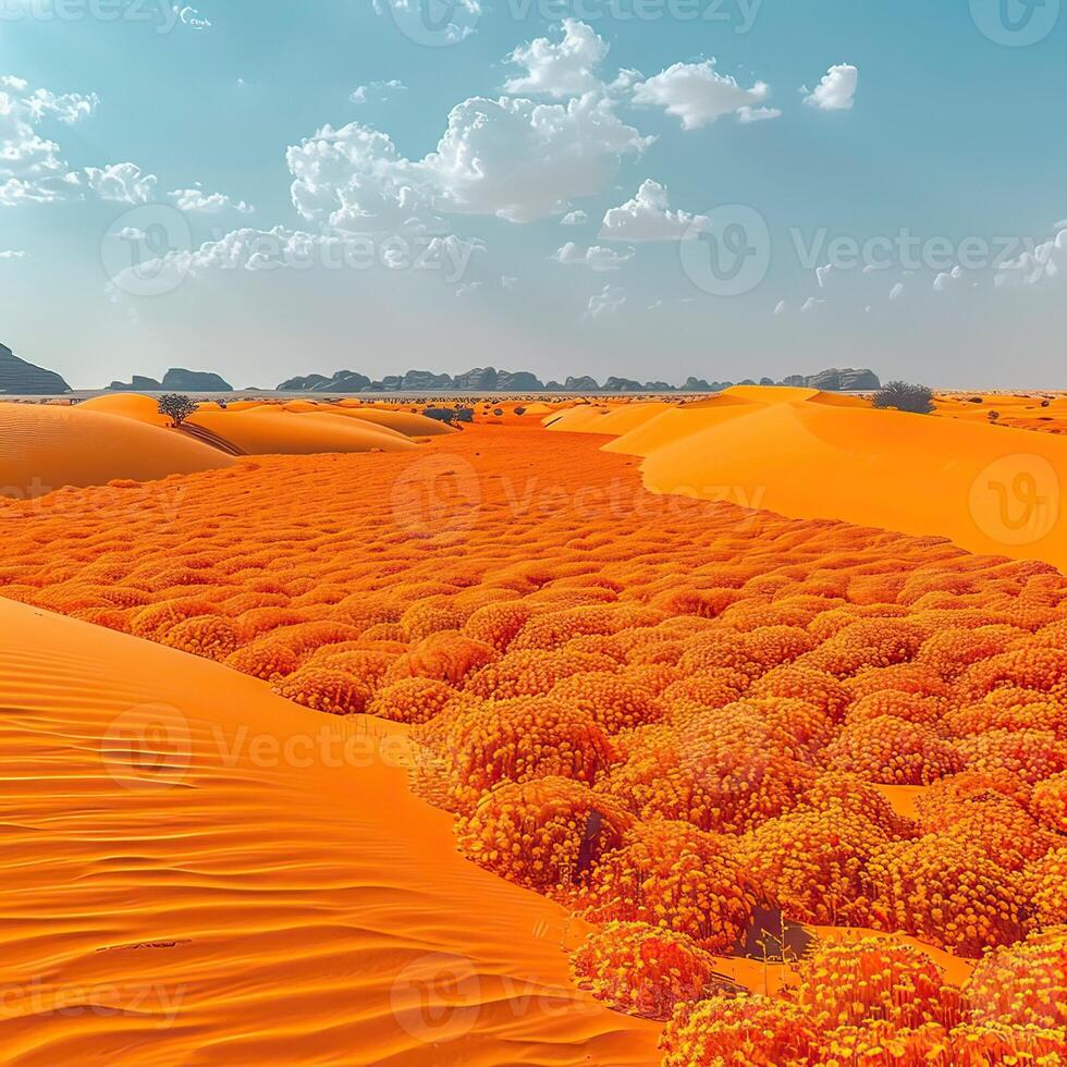 In the middle of a vast desert, there exists a vibrant field of orange flowers photo