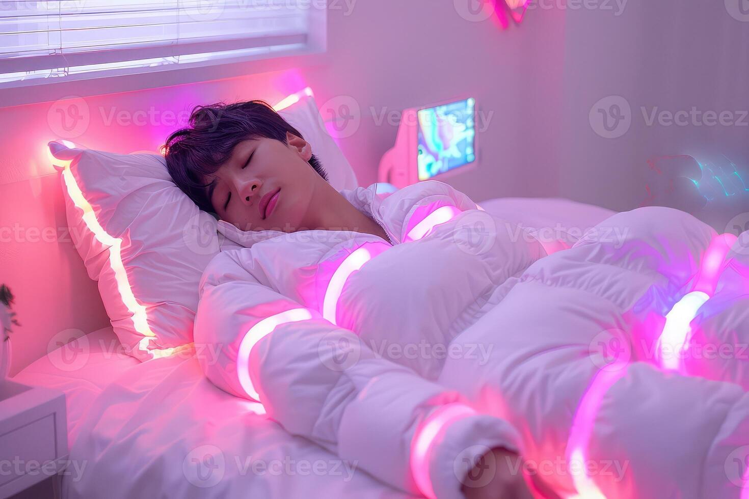 A young man sleeps on a bed with glowing lights around him photo