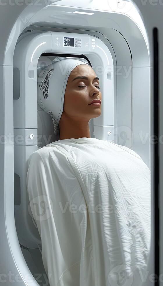 A woman dressed in a flowing white robe is receiving a facial treatment photo