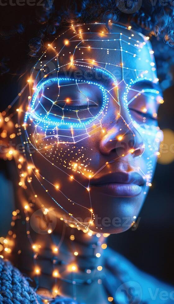 This is a vivid close up of a persons face surrounded by glowing lights photo