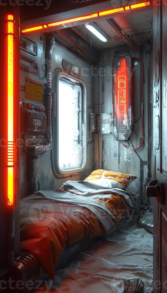 A small room contains a bed alongside a sign that reads a on it photo