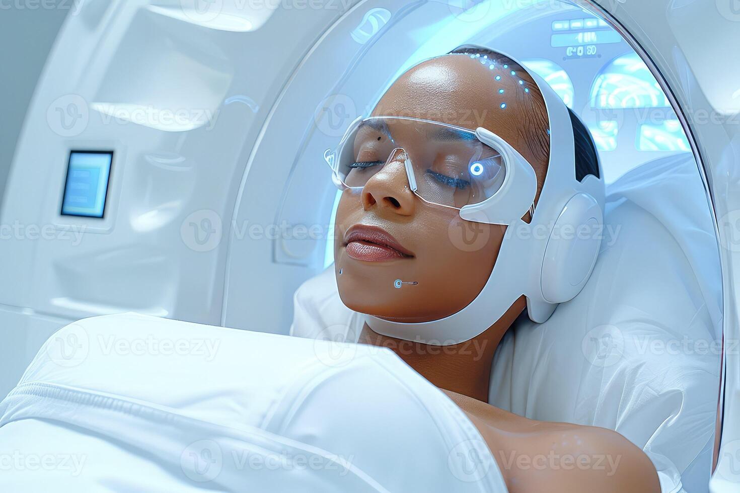 A woman is laying in a machine while wearing protective goggles and headphones photo