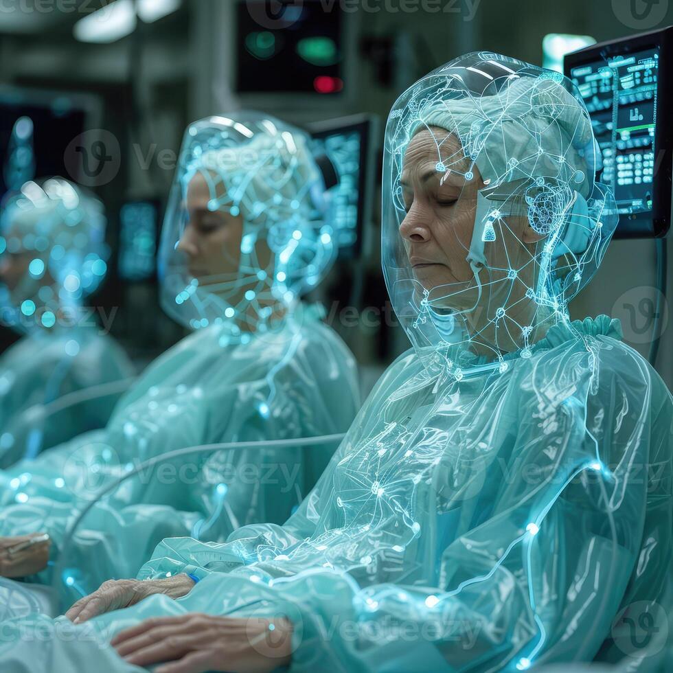 A woman dressed in a surgical gown is seated in an operating room photo