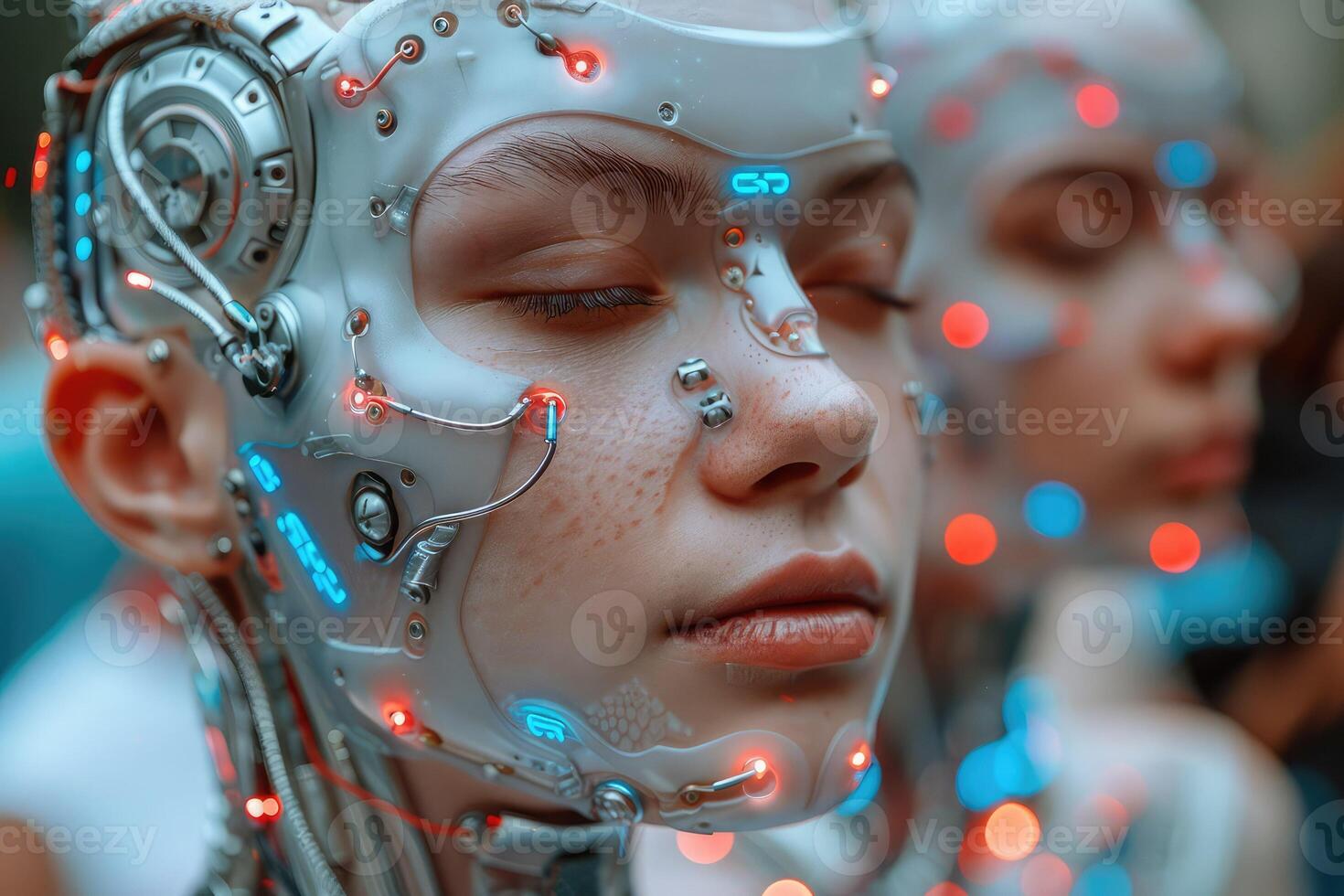 A close up view of a robots face featuring its eyes fully closed photo