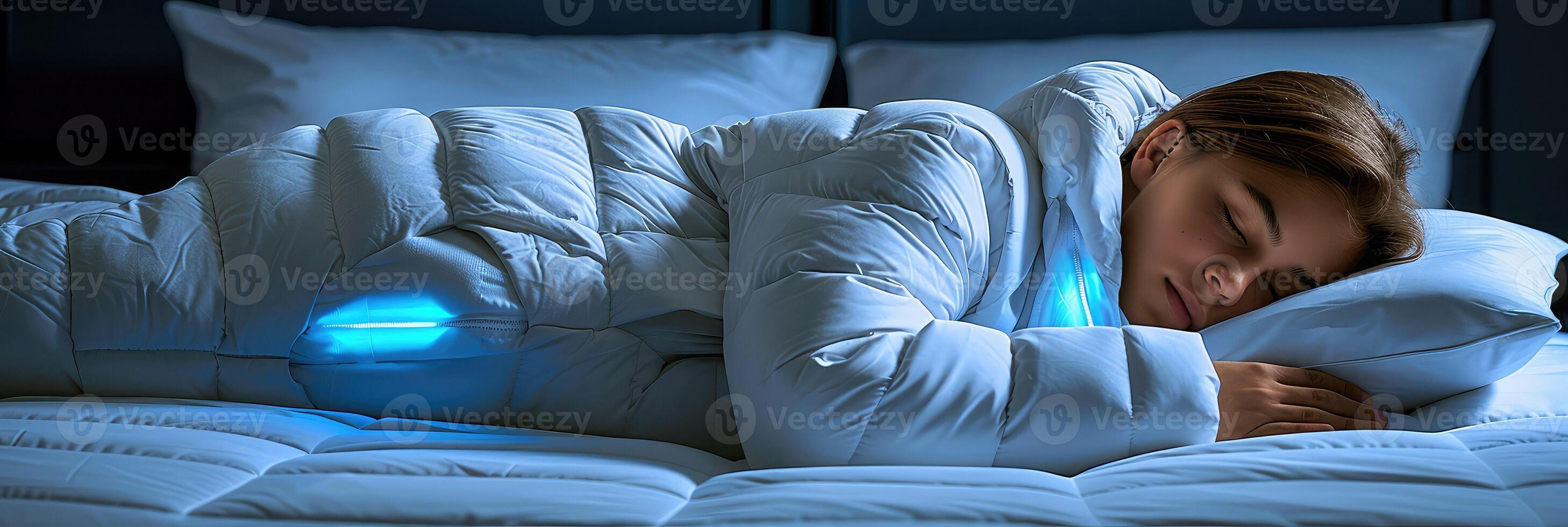 A woman is peacefully sleeping in a cozy sleeping bag on a bed photo
