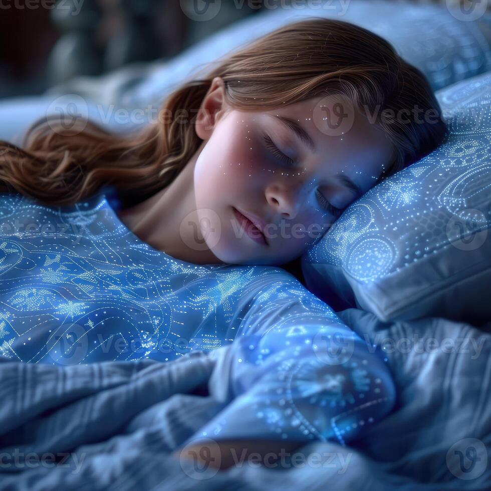 A girl sleeps in a bed with stars shining from her eyes photo