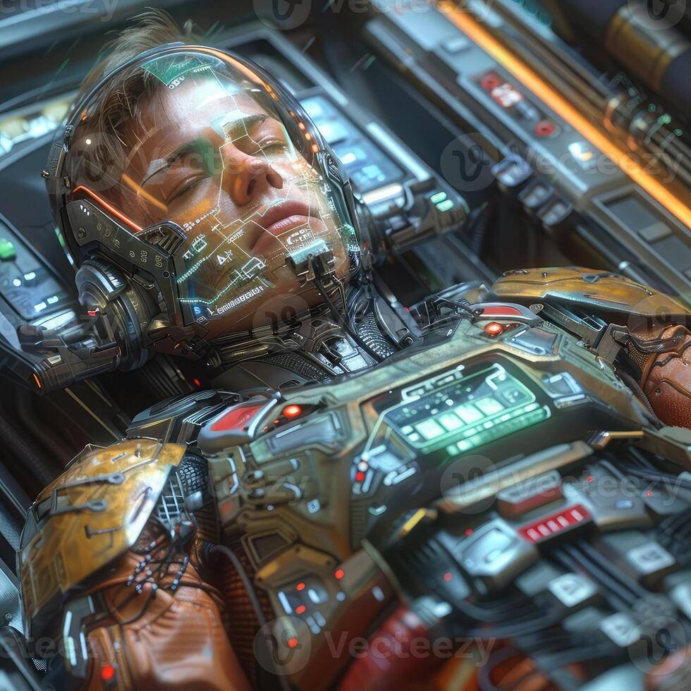 A man wearing a futuristic suit is lying down peacefully with his eyes closed photo