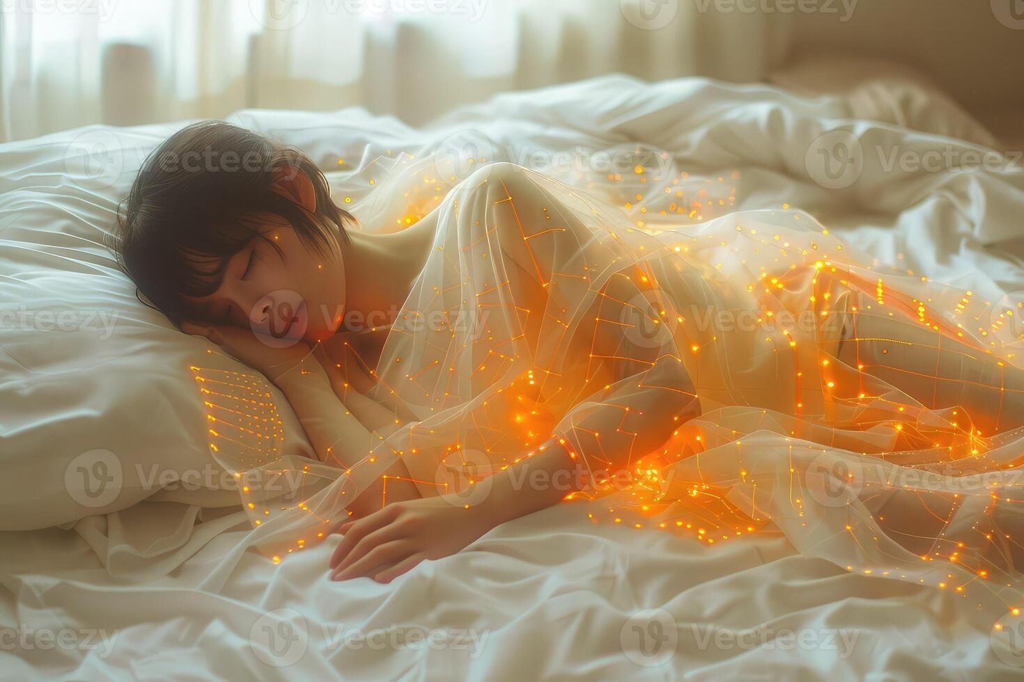 A girl sleeps on a pillow with a circuit board projected photo