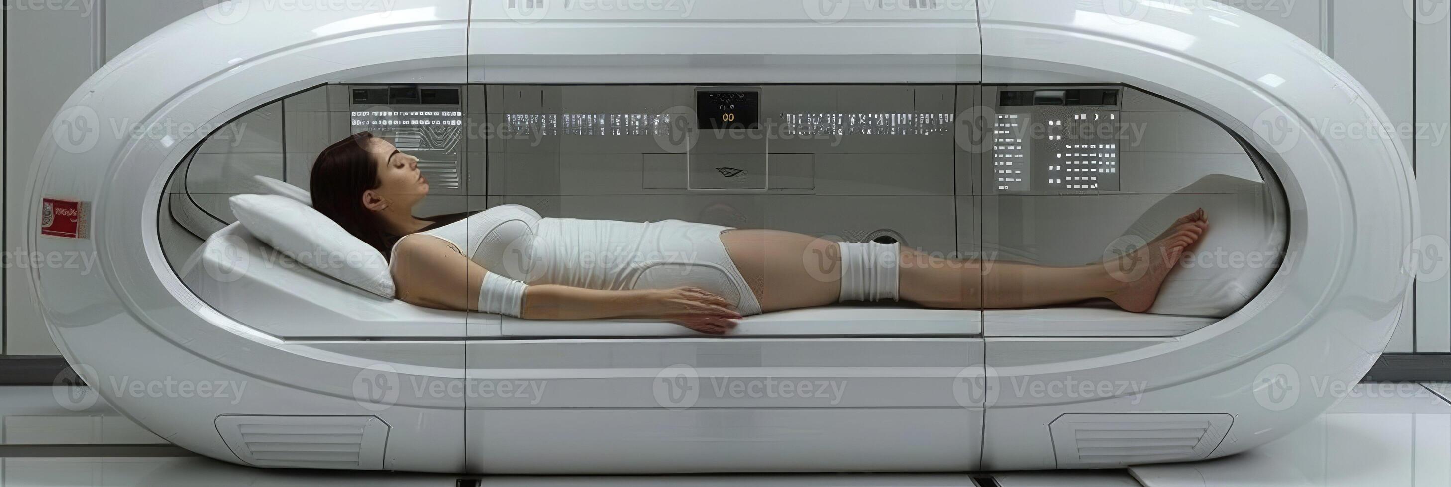 A woman is comfortably laying on a bed within a capsulelike structure photo