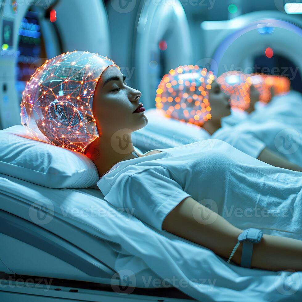A woman is in a hospital bed with bright lights on her head photo