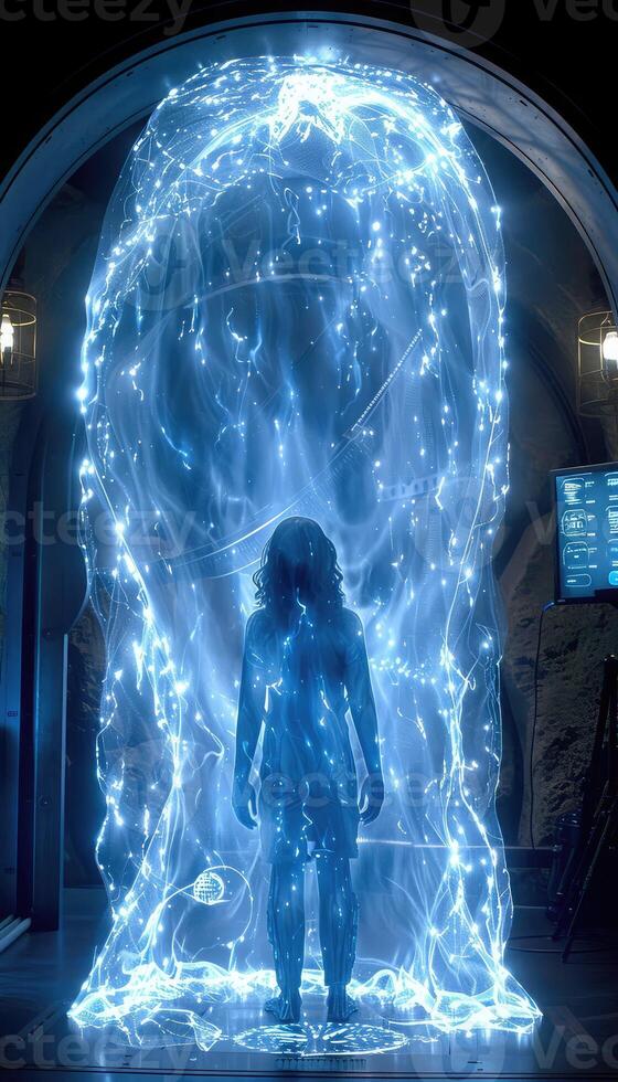 A woman is standing just in front of a glowing mystical portal photo