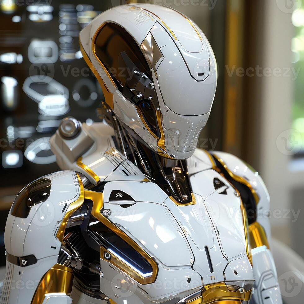 There is a robot painted in white and gold that is wearing a helmet photo