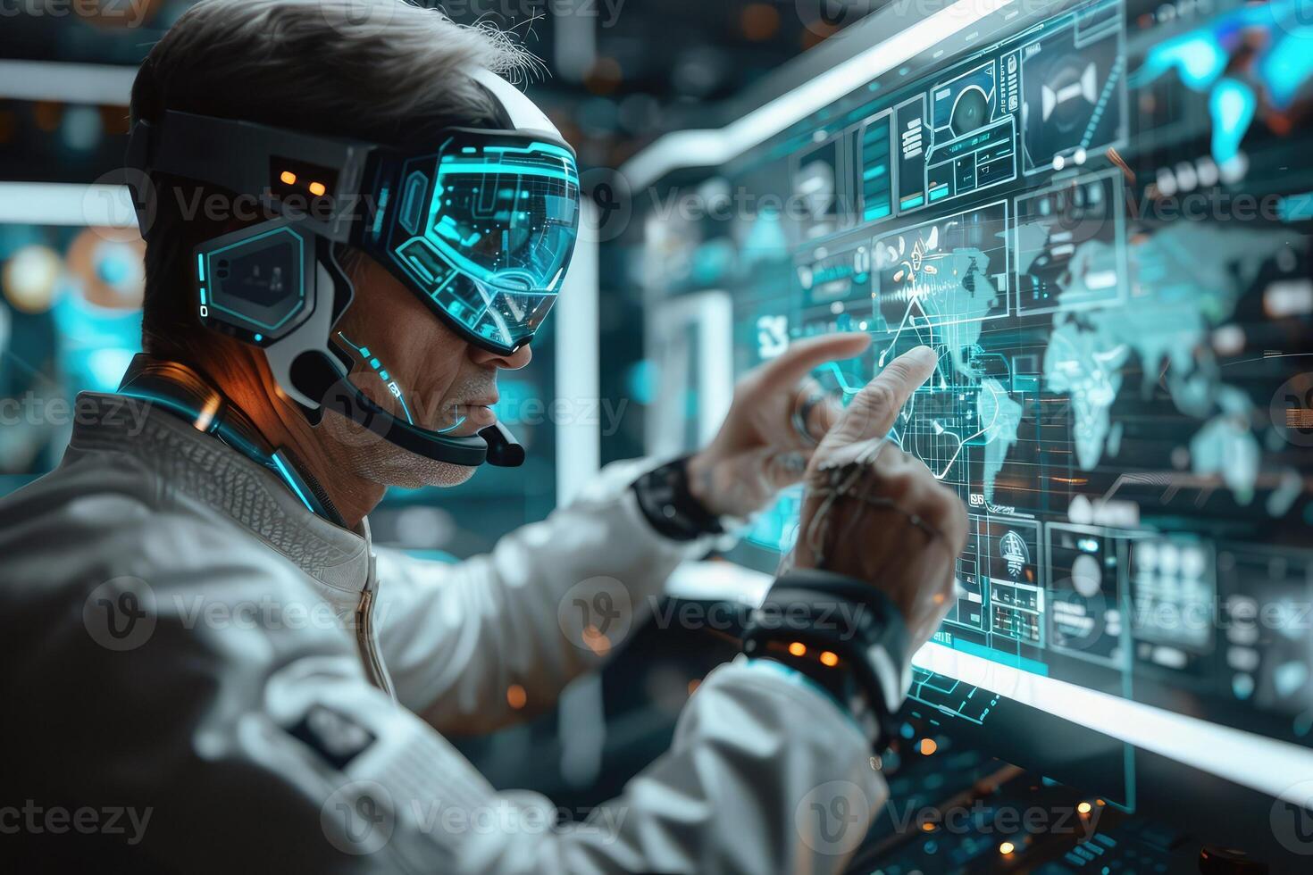 A man with a headset and goggles points at a computer screen photo