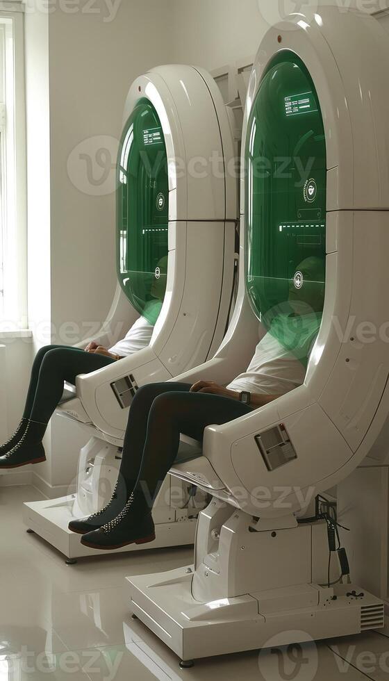 Two individuals are comfortably seated in hightech chairs near green windows photo