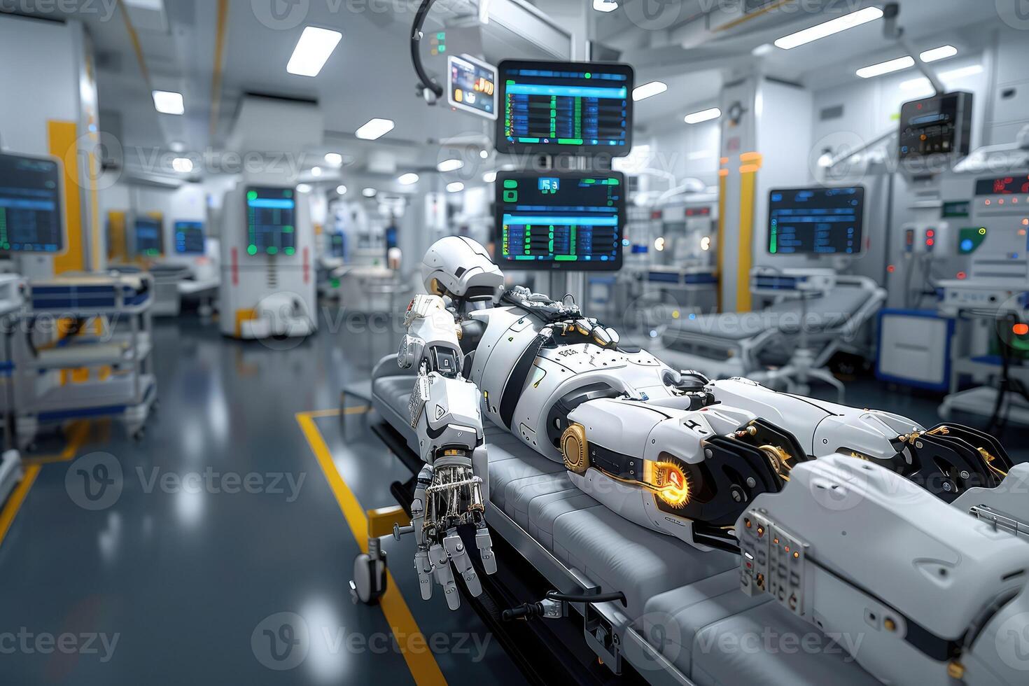 A robot can be seen lying on a hospital bed inside the operating room photo