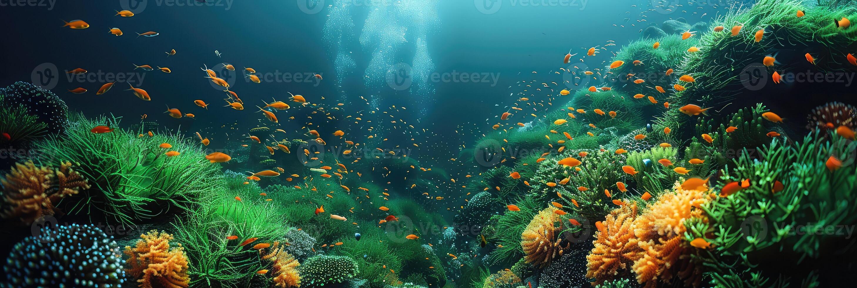 A vibrant coral reef teeming with numerous fish and bubbles in the ocean waters photo