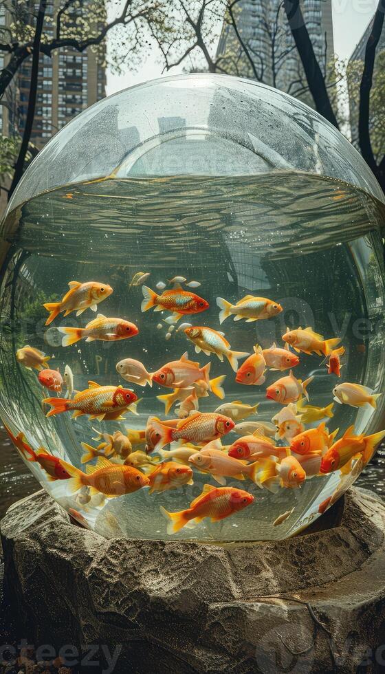 A large fish bowl that contains many different colored fish swimming inside photo