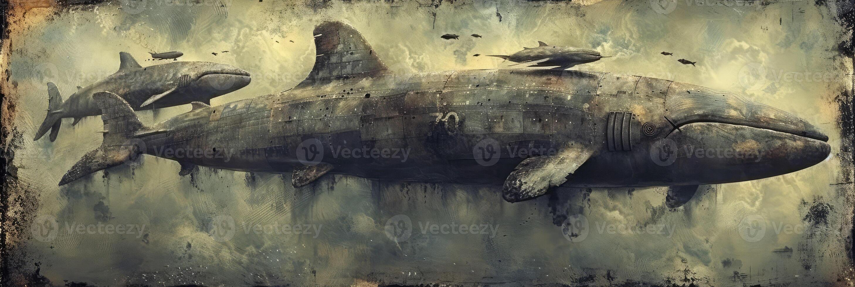 A beautiful and vibrant painting depicting whales and sharks on a wall photo