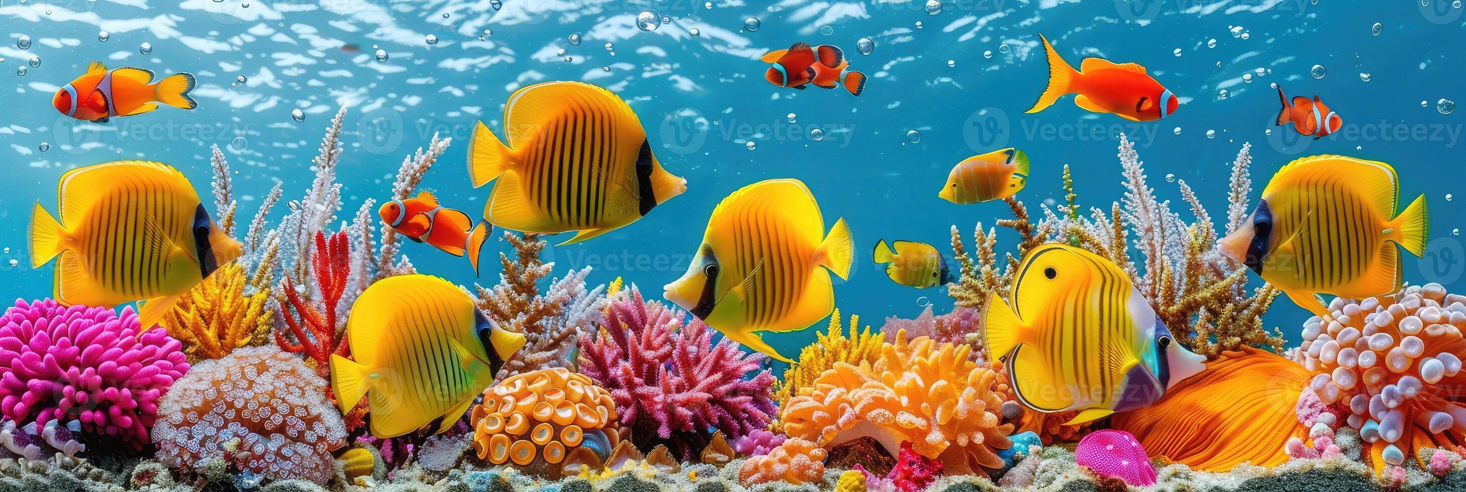 A coral reef full of diverse fish and colorful corals in the ocean photo