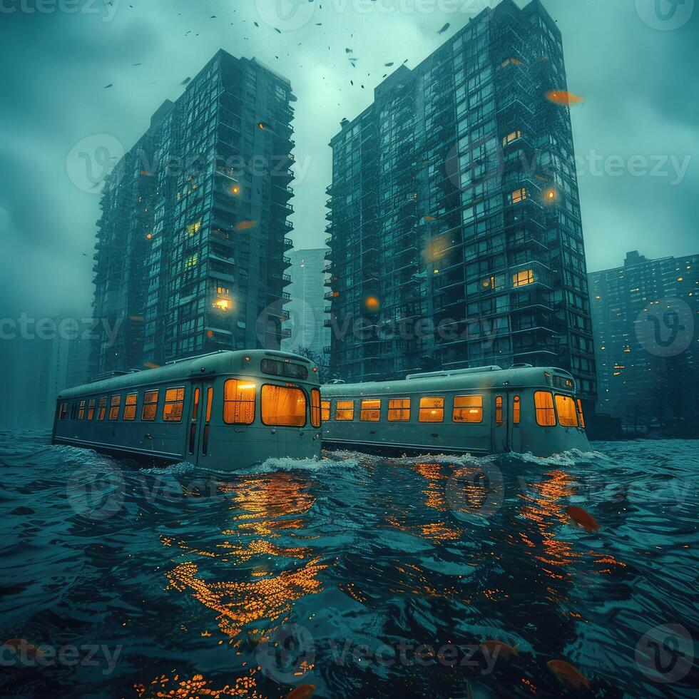 A train travels through water with buildings in the background photo