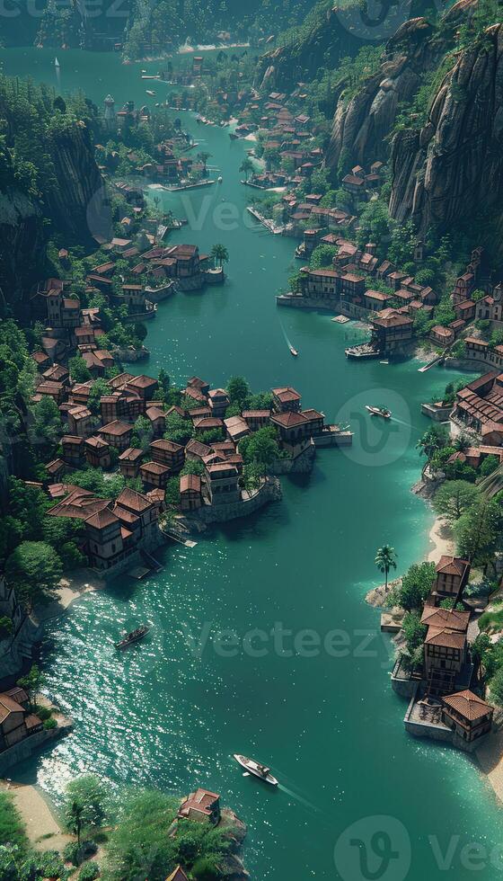 An aerial view highlights a scenic river with boats navigating photo