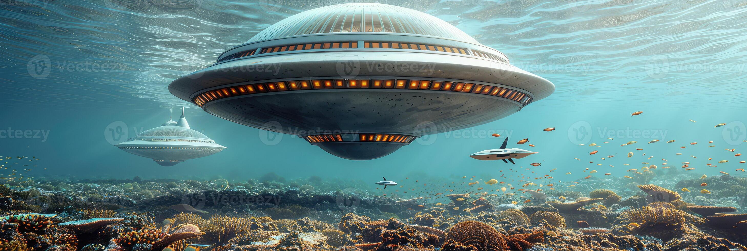 Spaceships fly over a coral reef in the vast ocean photo