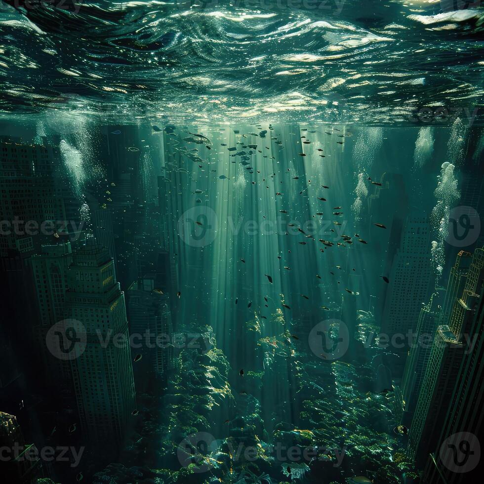 A mesmerizing underwater view of a bustling city filled with many fish photo