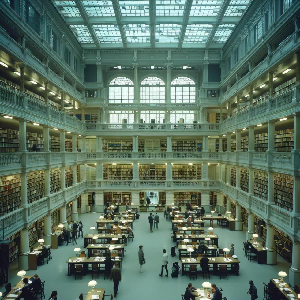 A large library that is filled with a vast number of books and people photo