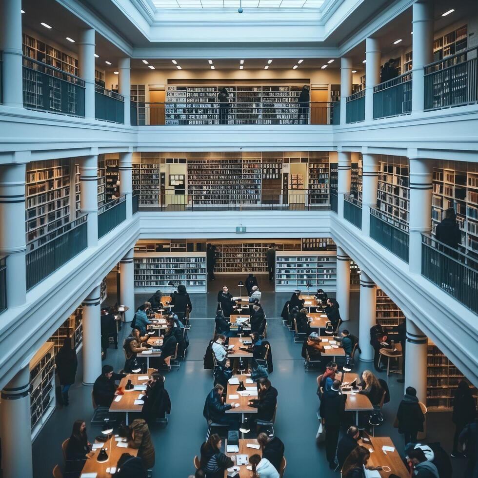 A diverse group is sitting at tables inside a library photo