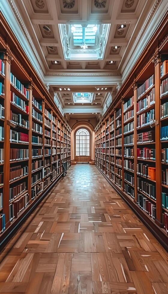 There is a long hallway filled with bookshelves situated in a library photo