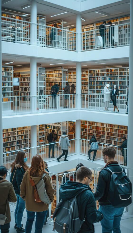 A group is inside a library, looking at books on the shelves photo