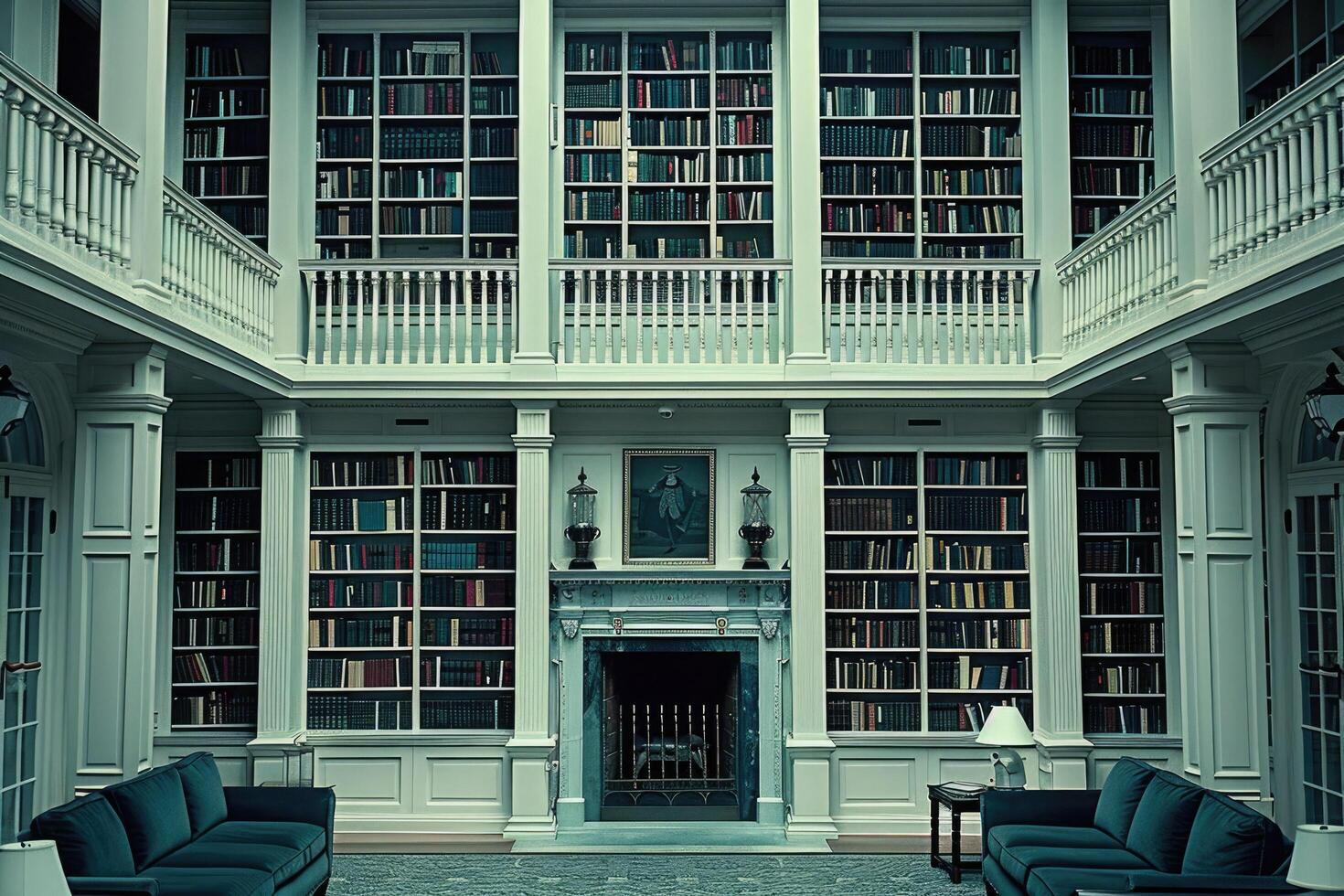 A spacious library with many books and a cozy fireplace photo