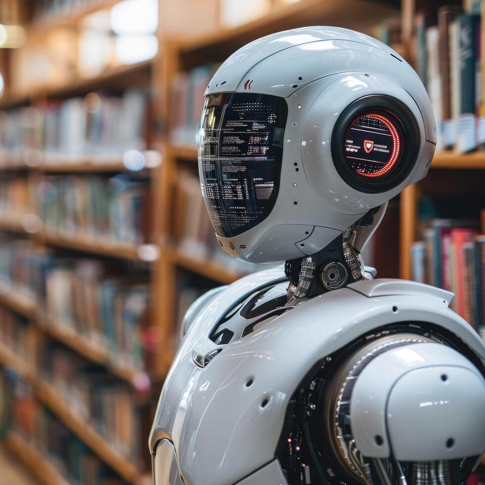 A robot is currently standing in front of a bookshelf located in a library photo