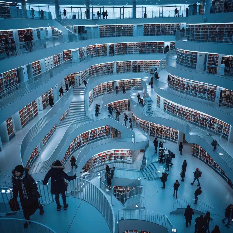 In a vast and expansive library, numerous individuals are milling about photo