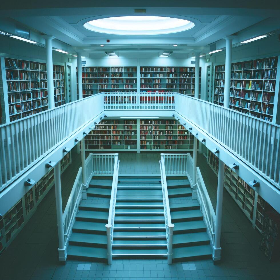 There is a library that features stairs leading up to the second floor photo