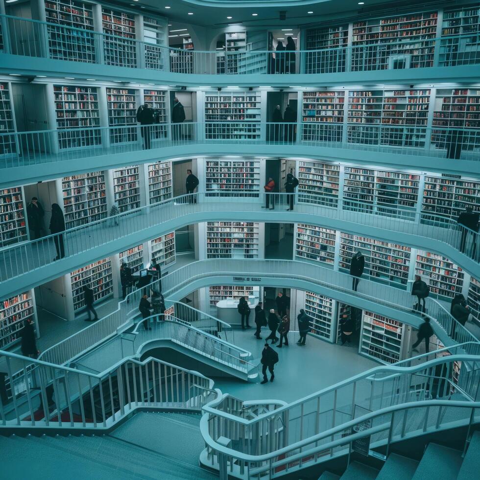 The modern library interior has a multilevel shelving system for visitors of all ages photo