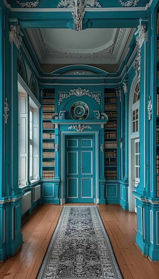 A long hallway featuring blue walls alongside a patterned rug in black and white photo