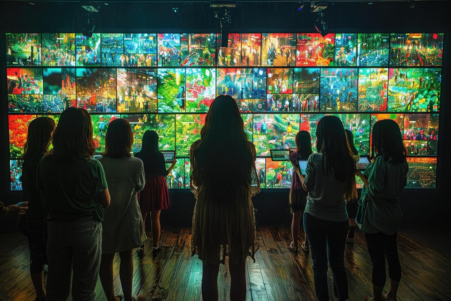 A gathering of individuals is standing together in front of a large screen photo