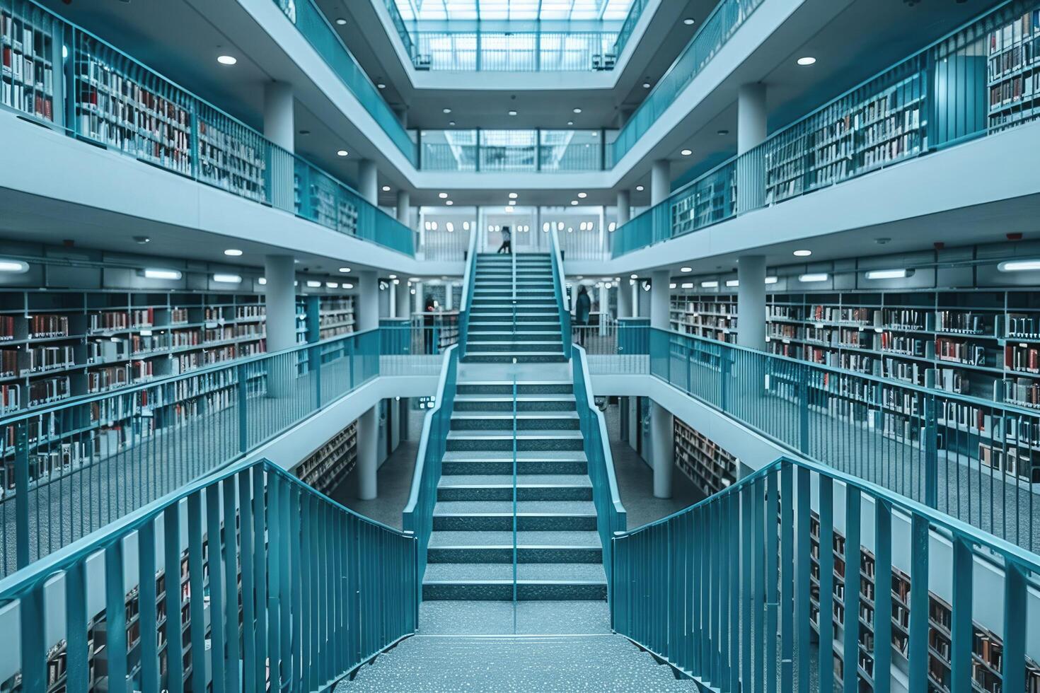 A beautiful library featuring stairs that lead up to the second floor photo