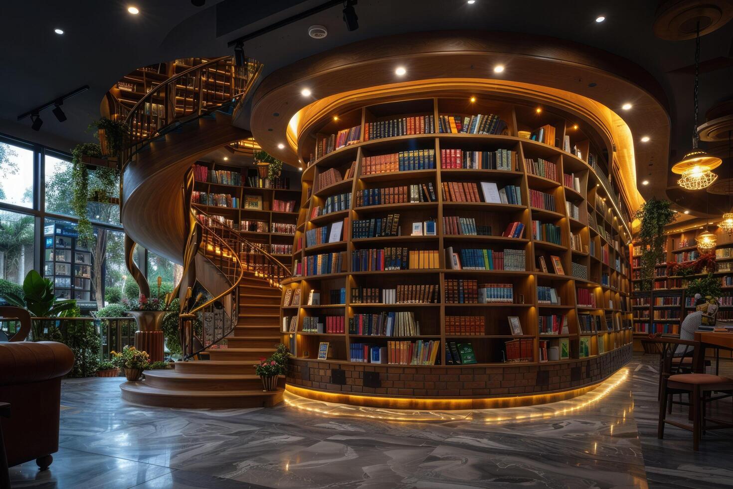 A beautiful library with a stunning spiral staircase and many books photo