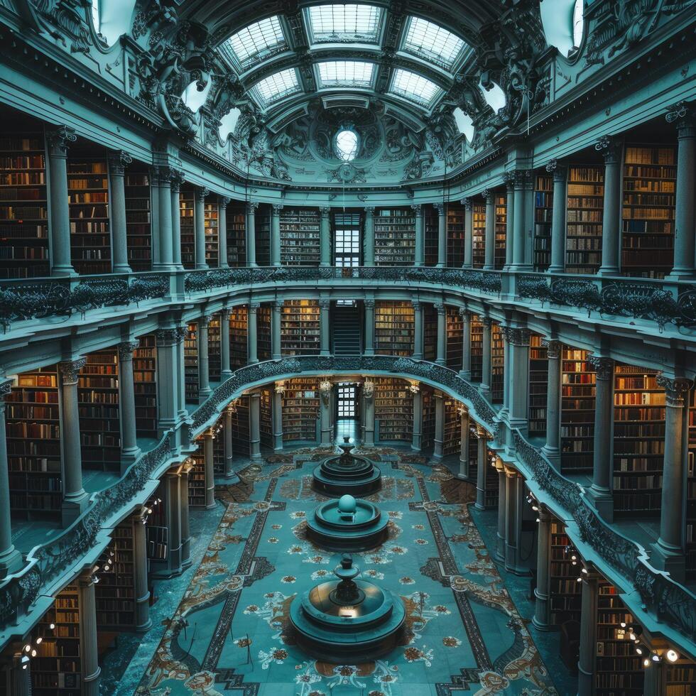 A large library features a fountain in its center photo